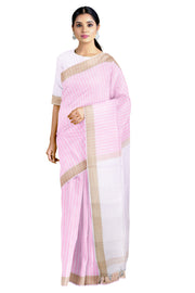 White and Pink Striped Saree with Brown Border