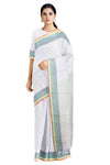 White Saree with Sea Green, Yellow Striped Base and Red, Yellow, White Border