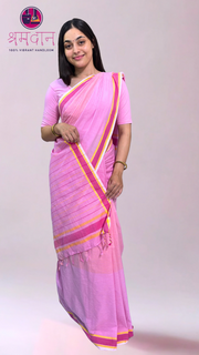 Pink, Saree with Pink, Yellow and White Striped and White, Yellow, Magenta Border