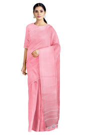 Peach Saree with Striped Pallu and Light Peach Border