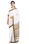 White Saree with Brown and Lemon Chiffon Border