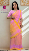 Pink Saree with Yellow Striped with Yellow Border
