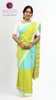 Aqua Blue and Lime Yellow Saree with Buti and Yellow Border