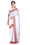 White Saree with Blue, Red Striped and Multi Border