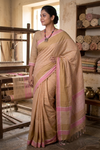 Beige and White Lining Saree with Pink Border