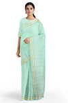 Sea Green Saree with White, Yellow, Sky Blue Striped and Sem Border