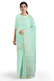 Sea Green Saree with White, Yellow, Sky Blue Striped and Sem Border