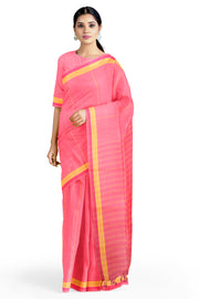 Pink Saree with Red, Yellow Striped and Magenta, Yellow Border