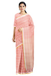 Peach Saree with White, Yellow Check and White, Yellow Border