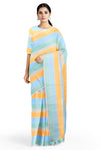 Lemon Yellow, Sky Blue and Sea Green Multi Saree with White Border