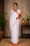 White Saree with Beige and Orange Border and Linings