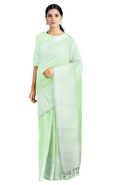 Sea Green Saree with White Striped Check and White Border
