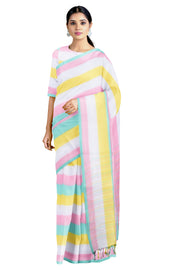 Pink, White and Yellow multi Saree with Sea Green Border