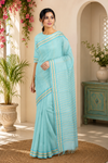 Sea Green Saree with White, Yellow, Sky Blue Striped and Sem Border