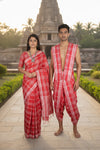 Traditional Handloom Joda Set in Red with White Striped and White Border