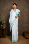 White Saree with Beige and Green Border and Checks