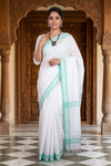 White Saree with Beige and Green Border and Checks