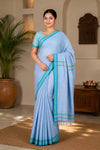 Light Blue Saree with Sky Blue and Beige Border and Checks