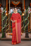 Red Saree with Yellow, White Striped and Yellow Striped Border