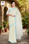 White and Yellow Check Saree with Sea Green Border