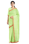 Green Saree with White, Orange and Red Linings and Border