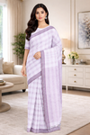 White Saree with Purple Checks and Border