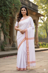 White Saree with Golden Zari Border and Red and Blue Checks