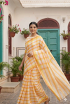 White, Orange and Yellow Saree with Check and Yellow, Orange Border