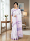 White Saree with Pink and Purple Stripes and Border