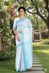 White Saree with Blue Checks and Border