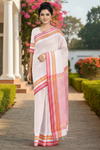 White and Orange Striped Saree with Red Border