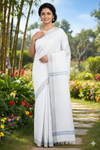 White Saree with Blue and Beige Checks and Border