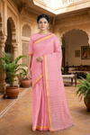 Pink Saree with Red, Yellow Striped and Yelloe, Magenta Border