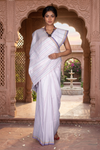 White Saree with Green, Yellow, Red and Purple Linings and Border