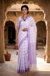 White Saree with Purple Checks and Border