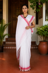 White Saree with Red and Coral Border and Linings
