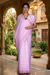 White and Pink Striped Saree with Brown Border