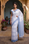White Saree with Blue Checks and Border