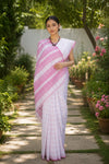 White Saree with Pink Double Line Checks and Border