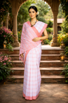 White Saree with Peach Checks and Border