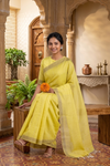 Turmeric Yellow Saree with White Striped and Brown Border