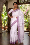 White Saree with Violet Linings and Border