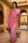 Red and White Striped Saree with Beige Border