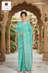 Sea Green Saree with White Striped Check and White, Blue Border