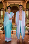 Cyan Couple Set with Magenta and White Striped Border