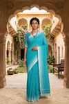 Cyan Saree with White Border