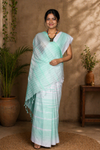 Green Saree with White Stripes and Border
