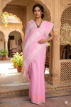 Pink Saree with White Linings and Red and Grey Border