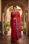 Rusty Red Saree with Purple, Orange and Blue Border