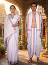 White Couple Set with Orange and Blue Border and Linings in Saree